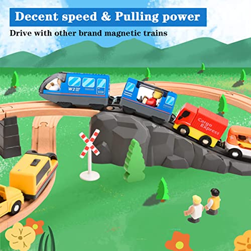 LiRiQi Tren eléctrico de Juguete, Tren de Locomotora de acción con Pilas, Coche de Juguetes Educativo para niños pequeños, Potente Juego de Tren de Motor Compatible con Thomas, Brio, Chuggington, Azul