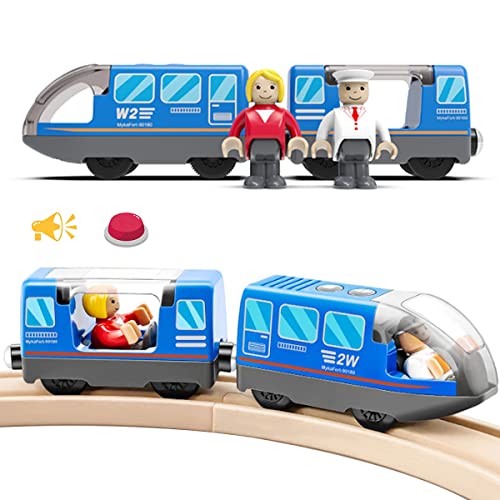 LiRiQi Tren eléctrico de Juguete, Tren de Locomotora de acción con Pilas, Coche de Juguetes Educativo para niños pequeños, Potente Juego de Tren de Motor Compatible con Thomas, Brio, Chuggington, Azul