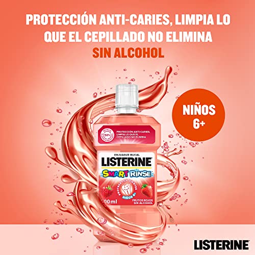 Listerine Enjuague Bucal Sin Alcohol para Niños, Smart Rinse, Sabor Frutos Rojos, Protección Anti Caries, Con Flúor, 500 ml