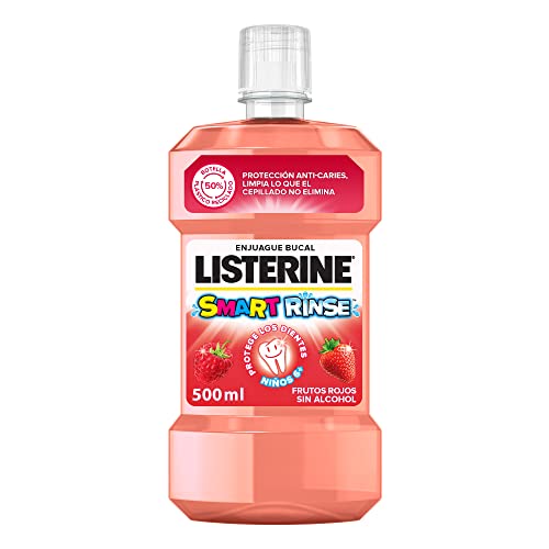 Listerine Enjuague Bucal Sin Alcohol para Niños, Smart Rinse, Sabor Frutos Rojos, Protección Anti Caries, Con Flúor, 500 ml