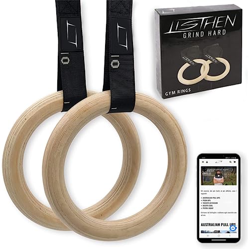 LISTHEN Anillos de Madera para Gimnasia y Calistenia, Anillos de Crossfit para Entrenamiento en Suspensión, Dips Pull Ups, Entrenamiento con Peso Corporal, 32 mm de Grosor, Correas Ajustables