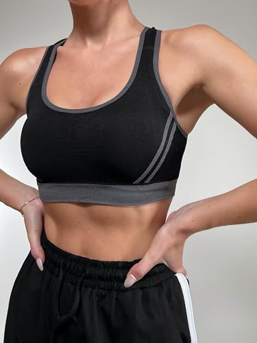 Litherday Sujetador Deportivo Mujer Sujetador de Alto Impacto Sujetador Push up Almohadilla Desmontable Bra Deportivo Sin Costura ​para Yoga Bailar Fitness, Negro*Gris, L