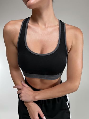 Litherday Sujetador Deportivo Mujer Sujetador de Alto Impacto Sujetador Push up Almohadilla Desmontable Bra Deportivo Sin Costura ​para Yoga Bailar Fitness, Negro*Gris, L