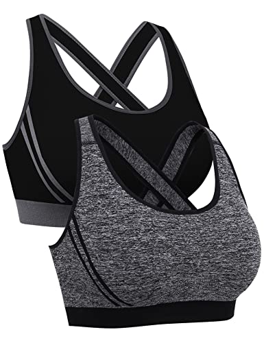 Litherday Sujetador Deportivo Mujer Sujetador de Alto Impacto Sujetador Push up Almohadilla Desmontable Bra Deportivo Sin Costura ​para Yoga Bailar Fitness, Negro*Gris, L