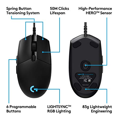 Logitech G PRO Ratón Gaming con Cable, Captor HERO 25K, 25,600 DPI, RGB, Peso Ultra Reducido, 6 Botones Programables, Memoria Integrada, PC/Mac - Negro