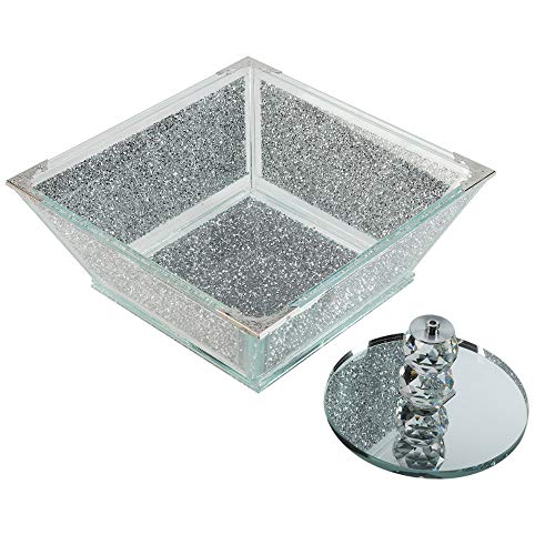 London Boutique Frutero de cristal extra grande para el centro de almacenamiento con diamantes aplastados, marco de metal plateado con forma cuadrada de 7.5 pulgadas de altura