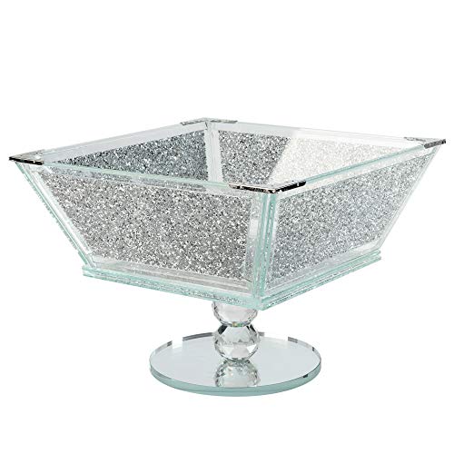 London Boutique Frutero de cristal extra grande para el centro de almacenamiento con diamantes aplastados, marco de metal plateado con forma cuadrada de 7.5 pulgadas de altura