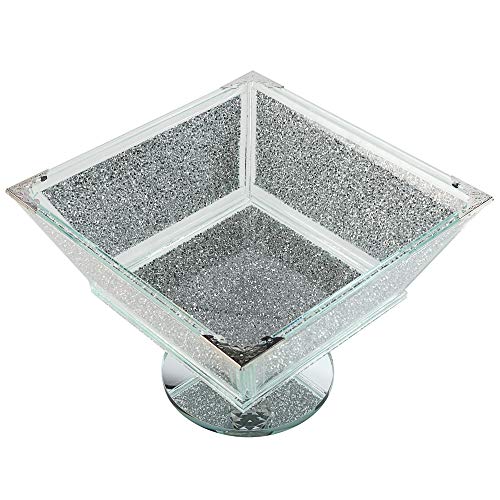 London Boutique Frutero de cristal extra grande para el centro de almacenamiento con diamantes aplastados, marco de metal plateado con forma cuadrada de 7.5 pulgadas de altura