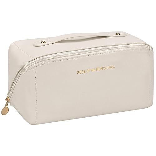 LoQuick Neceser de Viaje de Gran Capacidad,Bolsa de PU de Primera Calidad,Neceser Impermeable para Maquillaje,Bolsa de viaje portátil multifuncional,Neceser con asa y Cremallera (Blanco)