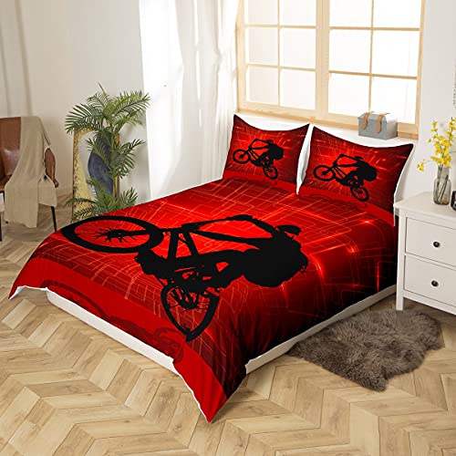 Loussiesd - Juego de ropa de cama para niños, niñas y adolescentes, tamaño super king, estampado con la silueta de un ciclista de BMX, fondo rojo (3 piezas, 1 funda nórdica de microfibra con