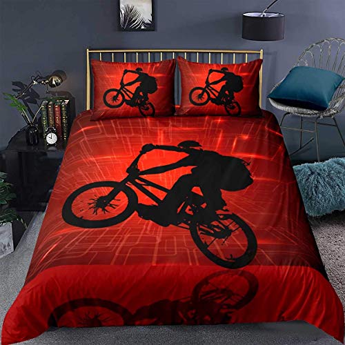 Loussiesd - Juego de ropa de cama para niños, niñas y adolescentes, tamaño super king, estampado con la silueta de un ciclista de BMX, fondo rojo (3 piezas, 1 funda nórdica de microfibra con