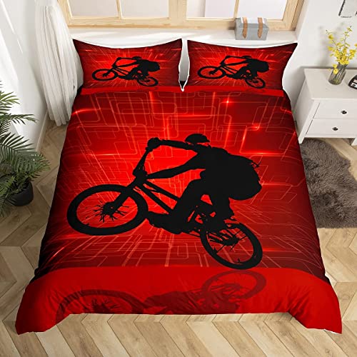 Loussiesd - Juego de ropa de cama para niños, niñas y adolescentes, tamaño super king, estampado con la silueta de un ciclista de BMX, fondo rojo (3 piezas, 1 funda nórdica de microfibra con