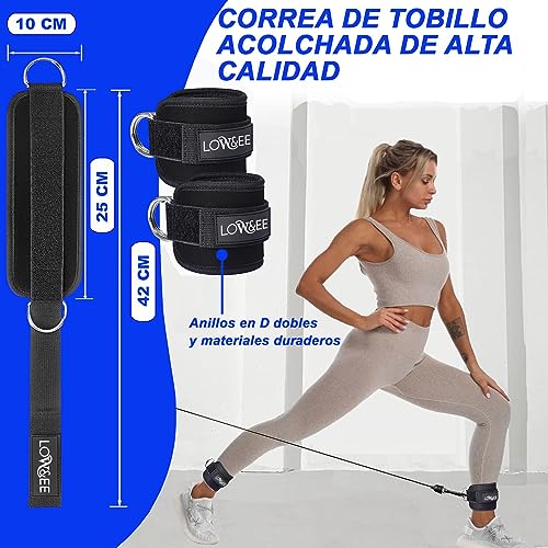 LOW&EE® Pack 2 Tobilleras Poleas Gym - Tobillera para Polea Acolchada de Velcro para Mujeres y Hombres - Correa Tobillos Gym para Máquina de Cable Fitness y Gimnasio (Negro)