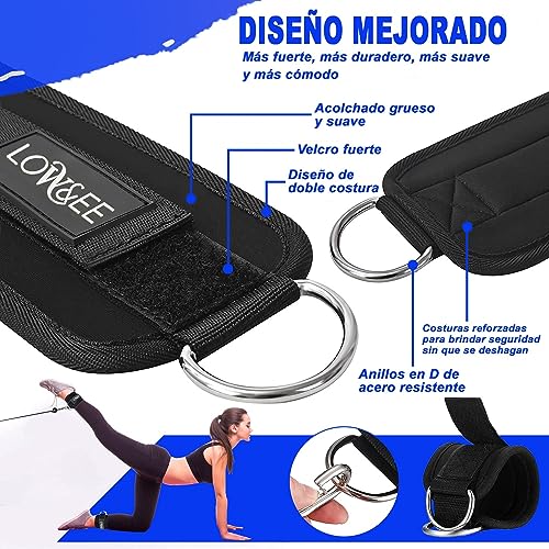 LOW&EE® Pack 2 Tobilleras Poleas Gym - Tobillera para Polea Acolchada de Velcro para Mujeres y Hombres - Correa Tobillos Gym para Máquina de Cable Fitness y Gimnasio (Negro)