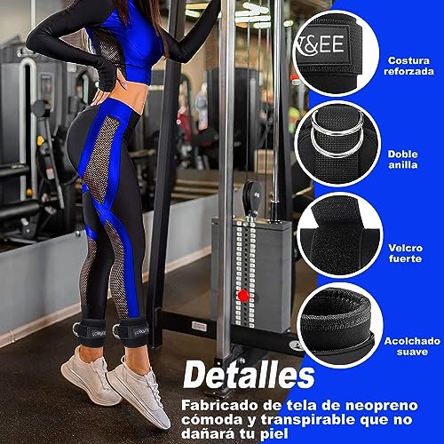 LOW&EE® Pack 2 Tobilleras Poleas Gym - Tobillera para Polea Acolchada de Velcro para Mujeres y Hombres - Correa Tobillos Gym para Máquina de Cable Fitness y Gimnasio (Negro)