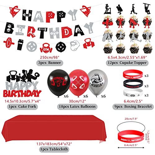 LSJDEER Decoraciones de Fiesta de cumpleaños de Gimnasio -Glitter Negro Rojo Plata Fitness Decoraciones Gimnasio Feliz cumpleaños Banner Levantamiento de Pesas Pulsera Suministros para Fiestas