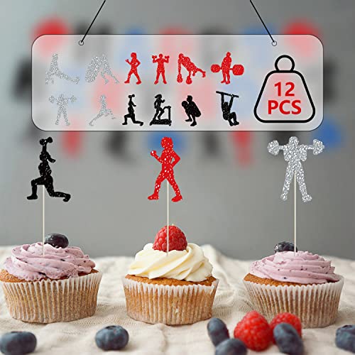 LSJDEER Decoraciones de Fiesta de cumpleaños de Gimnasio -Glitter Negro Rojo Plata Fitness Decoraciones Gimnasio Feliz cumpleaños Banner Levantamiento de Pesas Pulsera Suministros para Fiestas