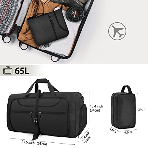 Lubardy Bolsa de Viaje Hombre Plegable Ligera Bolsa Deporte con Compartimento Zapatos 65L Impermeable Bolsa Fin de Semana Maleta de Viaje Weekend Cabina de Equipaje Negro