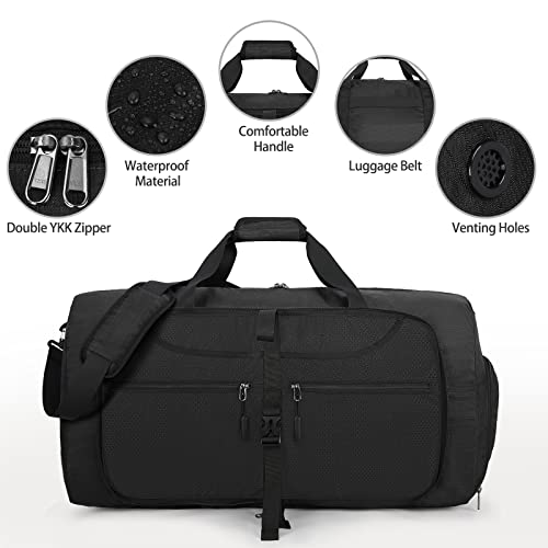 Lubardy Bolsa de Viaje Hombre Plegable Ligera Bolsa Deporte con Compartimento Zapatos 65L Impermeable Bolsa Fin de Semana Maleta de Viaje Weekend Cabina de Equipaje Negro