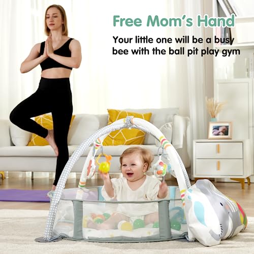 Lupantte 4-en-1 Gimnasio para Bebe con Corralito, Alfombra Bebe Piscina de Bolas con 40 Bolas,Manta de Juego para el Tiempo Boca Abajo del con Juguetes para el Desarrollo Visual, Auditivo, Táctil