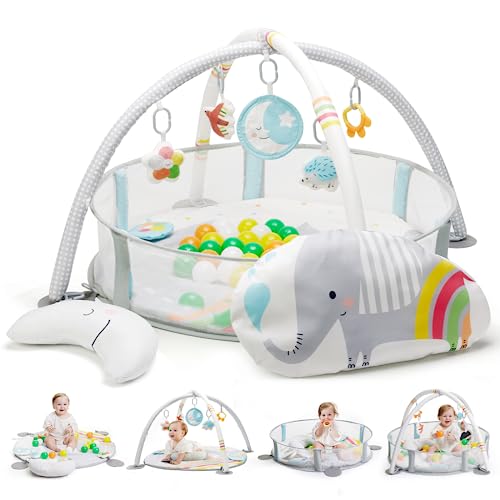 Lupantte 4-en-1 Gimnasio para Bebe con Corralito, Alfombra Bebe Piscina de Bolas con 40 Bolas,Manta de Juego para el Tiempo Boca Abajo del con Juguetes para el Desarrollo Visual, Auditivo, Táctil