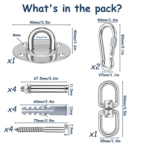 LUZOON Ganchos de Techo 360° Gancho Resistente Giratorio Acero Inoxidable de Juego de Suspensión para Saco de Boxeo, Silla Colgante, Columpio, Hamaca, Yoga 400KG Capacidad