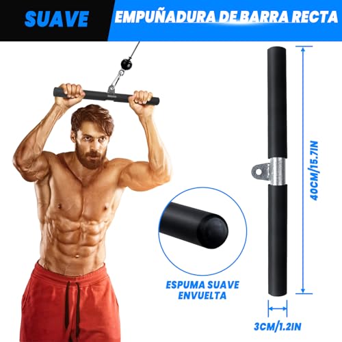 Lyndwin Poleas Gimnasio para Casa, DIY Polea Gimnasio Fitness Maquina Multifuncion Musculacion Gym Cable Sistema, Maquina Gimnasio Tríceps Biceps Brazo Espalda Hombro (Set con Barra Recta)