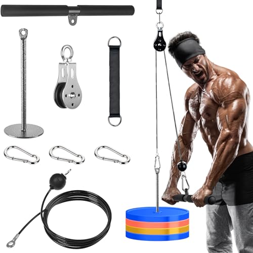 Lyndwin Poleas Gimnasio para Casa, DIY Polea Gimnasio Fitness Maquina Multifuncion Musculacion Gym Cable Sistema, Maquina Gimnasio Tríceps Biceps Brazo Espalda Hombro (Set con Barra Recta)