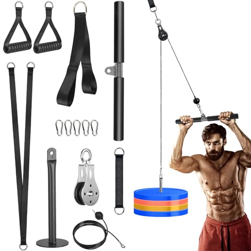 Lyndwin Poleas Gimnasio para Casa, DIY Polea Gimnasio Fitness Máquina Musculacion Gym Cable Kit Sistema en Casa, Tríceps Biceps Ejercicio Workout Accesorios (Agarres+Barra Recta+Correa Tríceps)