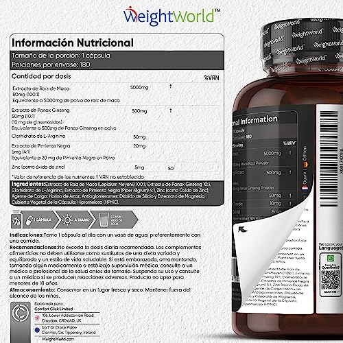 Maca Negra y Amarilla Andina Complex 5550mg de Potencia 180 Cápsulas Veganas - Vitalidad del Extracto de esta Poderosa Raíz con Zinc, L-Arginina, Ginseng y Pimienta, Para 6 Meses de Suministro