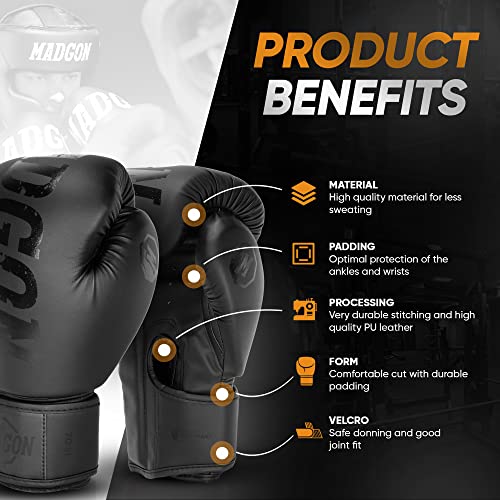 MADGON Guantes de Boxeo Hechos del Mejor Material para Larga Durabilidad – Guantes de Kick Boxing, Guantes de Artes Marciales, Guantes MMA y Sparring - Óptima Absorción de Impactos – Bolsa Incluida