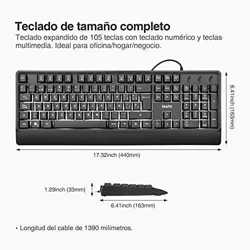 mafiti RK201 Teclado con Cable, USB Teclado Retroiluminado, Laptop Teclado Español, Teclado de PC USB, Teclado de Tamaño Completo 12 Botones Multimedia, para Windows XP/7/8/10/Vista (ES-RK201)