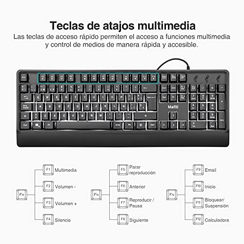 mafiti RK201 Teclado con Cable, USB Teclado Retroiluminado, Laptop Teclado Español, Teclado de PC USB, Teclado de Tamaño Completo 12 Botones Multimedia, para Windows XP/7/8/10/Vista (ES-RK201)