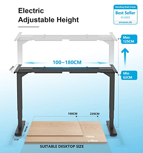 MAIDeSITe Marco de Escritorio de pie Altura Ajustable Eléctrica Doble Motor 3 Sección Patas Telescópicas con tecla de Memoria Automática Inteligente(Negro)