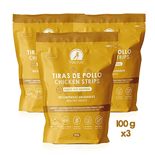 MAIKAI Chuches para Perros - Premios para Perros Cachorros - Pechuga de Pollo Deshidratada (3 x 100g) - Snacks Saludables - Dieta Barf - Proteínas y Nutrientes de Calidad