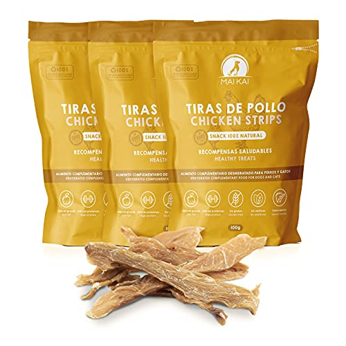 MAIKAI Chuches para Perros - Premios para Perros Cachorros - Pechuga de Pollo Deshidratada (3 x 100g) - Snacks Saludables - Dieta Barf - Proteínas y Nutrientes de Calidad