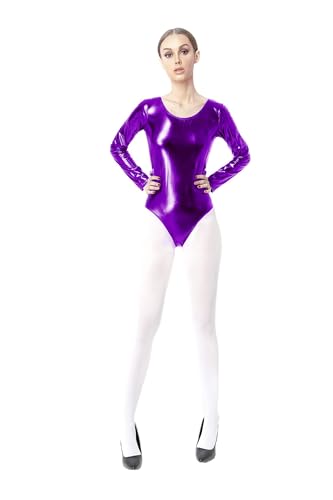 Maillot Ballet Brillo Mujer, Maillot gimnasia ritmica Mujer, Mallot de ballet/danza Manga Larga,Camiseta Body para Mujer, Pide dos tallas más por favor (XL, ZP158 MORADO)