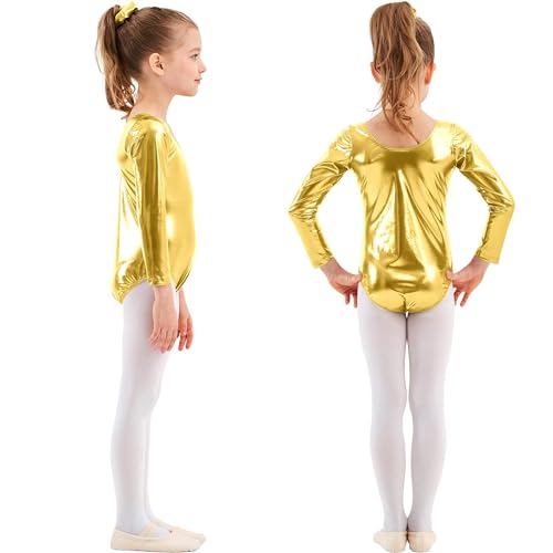 Maillot Ballet Niña de Manga Larga y Cuello Redondo, Maillot Danza Niña para Bailarina Gimnasia, (Dorado, 4-6 años)