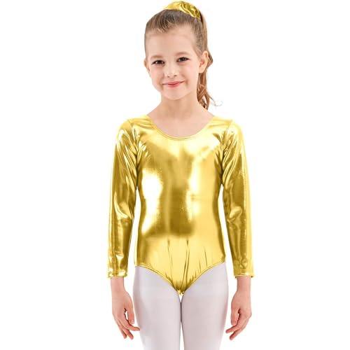 Maillot Ballet Niña de Manga Larga y Cuello Redondo, Maillot Danza Niña para Bailarina Gimnasia, (Dorado, 4-6 años)