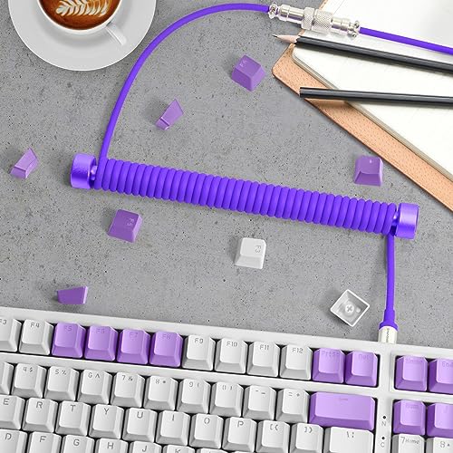 MAMBASNAKE Cable Teclado Espiral & Enrollador de Aviator Cable Set - Cable de Aviador Varilla Fija Metal Weight Bar + TPU Coiled USB C Cable con Conector de Aviación para Teclado de Juegos - Púrpura