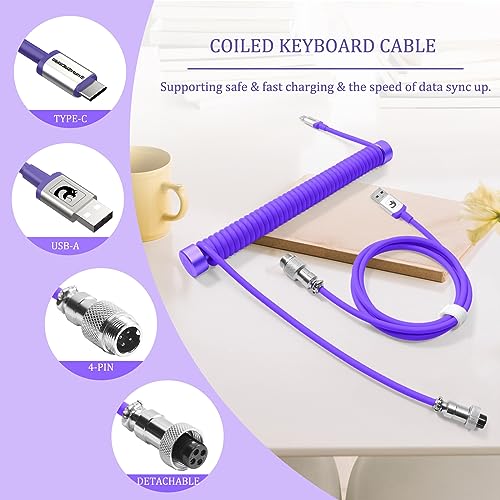 MAMBASNAKE Cable Teclado Espiral & Enrollador de Aviator Cable Set - Cable de Aviador Varilla Fija Metal Weight Bar + TPU Coiled USB C Cable con Conector de Aviación para Teclado de Juegos - Púrpura