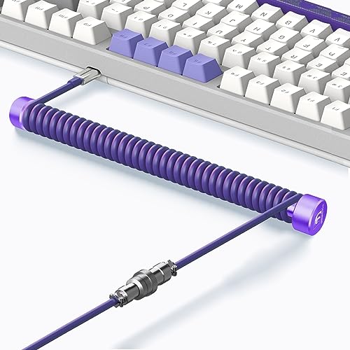 MAMBASNAKE Cable Teclado Espiral & Enrollador de Aviator Cable Set - Cable de Aviador Varilla Fija Metal Weight Bar + TPU Coiled USB C Cable con Conector de Aviación para Teclado de Juegos - Púrpura