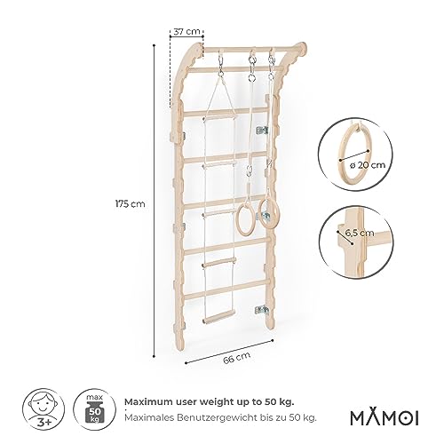 MAMOI® Espalderas Gimnasio para casa (L/XL/XXL) y aditivos | Espaldera Gimnasio de Madera Natural | Espalderas Gimnasio de Interior diseño Moderno | Escalera Sueca | Barra Gimnasia | 100% Eco