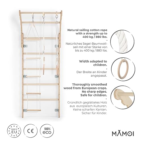 MAMOI® Espalderas Gimnasio para casa (L/XL/XXL) y aditivos | Espaldera Gimnasio de Madera Natural | Espalderas Gimnasio de Interior diseño Moderno | Escalera Sueca | Barra Gimnasia | 100% Eco