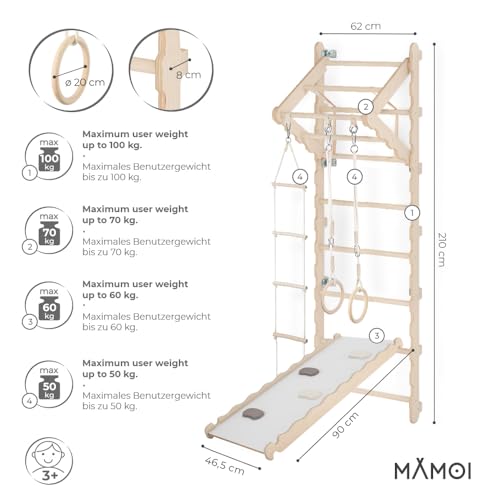 MAMOI® Espalderas Gimnasio para casa (L/XL/XXL) y aditivos | Espaldera Gimnasio de Madera Natural | Espalderas Gimnasio de Interior diseño Moderno | Escalera Sueca | Barra Gimnasia | 100% Eco