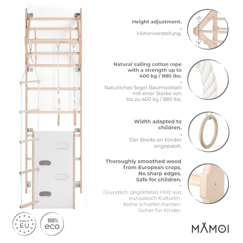 MAMOI® Espalderas Gimnasio para casa (L/XL/XXL) y aditivos | Espaldera Gimnasio de Madera Natural | Espalderas Gimnasio de Interior diseño Moderno | Escalera Sueca | Barra Gimnasia | 100% Eco