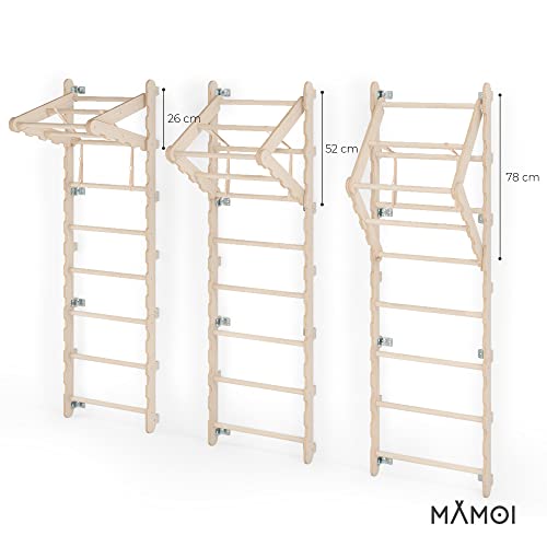 MAMOI® Espalderas Gimnasio para casa (L/XL/XXL) y aditivos | Espaldera Gimnasio de Madera Natural | Espalderas Gimnasio de Interior diseño Moderno | Escalera Sueca | Barra Gimnasia | 100% Eco