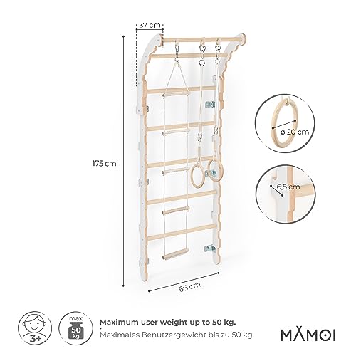 MAMOI® Espalderas Gimnasio para casa (L/XL/XXL) y aditivos | Espaldera Gimnasio de Madera Yarnwood | Espalderas Gimnasio de Interior diseño Moderno | Escalera Sueca | Barra Gimnasia | 100% Eco