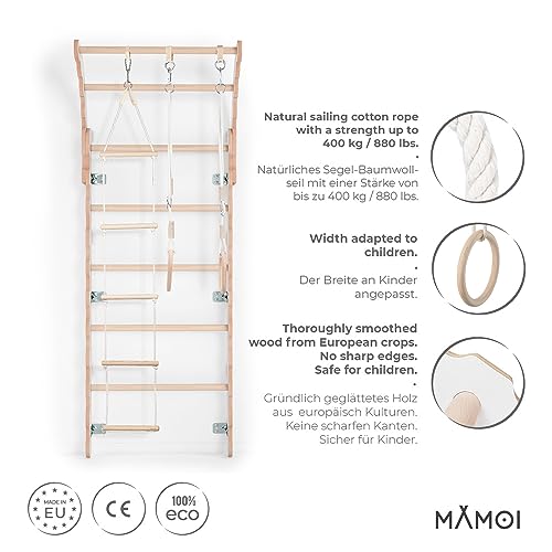 MAMOI® Espalderas Gimnasio para casa (L/XL/XXL) y aditivos | Espaldera Gimnasio de Madera Yarnwood | Espalderas Gimnasio de Interior diseño Moderno | Escalera Sueca | Barra Gimnasia | 100% Eco