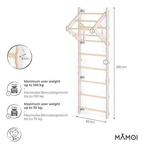 MAMOI® Espalderas Gimnasio para casa (L/XL/XXL) y aditivos | Espaldera Gimnasio de Madera Yarnwood | Espalderas Gimnasio de Interior diseño Moderno | Escalera Sueca | Barra Gimnasia | 100% Eco